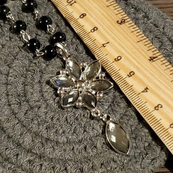 Victorian Style Black Silver and Smoke Navette Flower Pendant Necklace - Picture 4 of 5